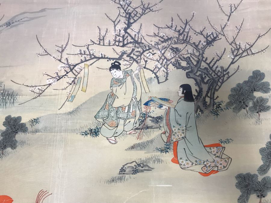 Stunning Original Antique Japanese Mixed Media Silk Painting With Embroidered Accents In Shadowbox Frame 26 X 32 [Photo 10]