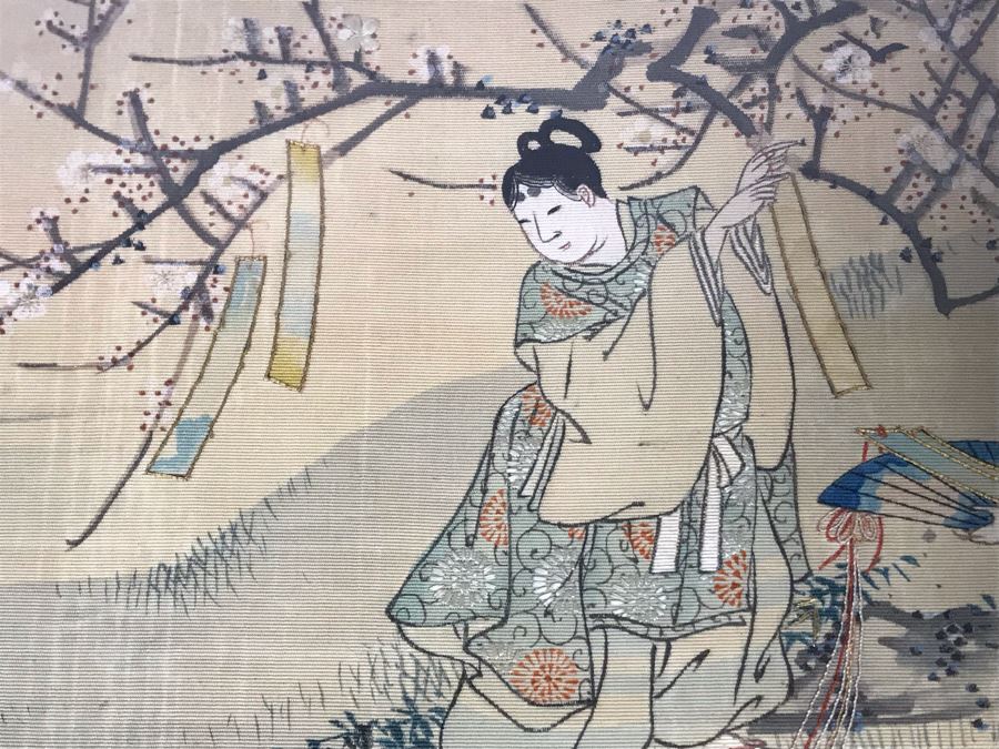 Stunning Original Antique Japanese Mixed Media Silk Painting With Embroidered Accents In Shadowbox Frame 26 X 32 [Photo 12]