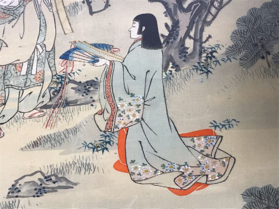 Stunning Original Antique Japanese Mixed Media Silk Painting With Embroidered Accents In Shadowbox Frame 26 X 32 [Photo 11]