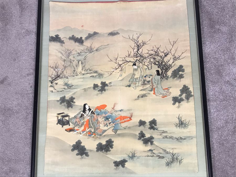 Stunning Original Antique Japanese Mixed Media Silk Painting With Embroidered Accents In Shadowbox Frame 26 X 32 [Photo 2]