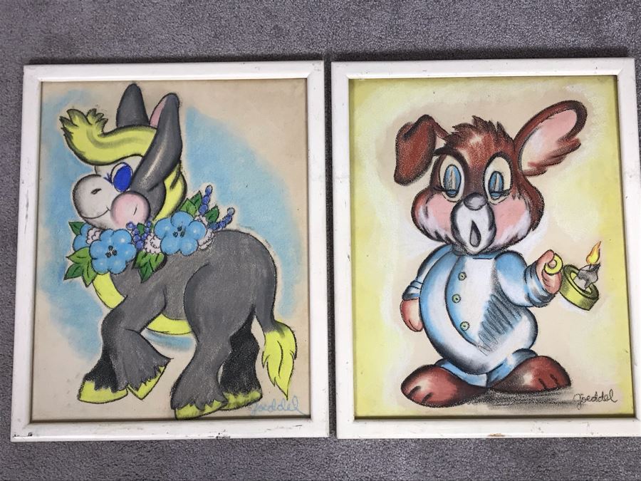 Pair Of Framed Original Signed Animal Caricatures Artwork Signed By Goeddel Each 18 X 22 [Photo 1]