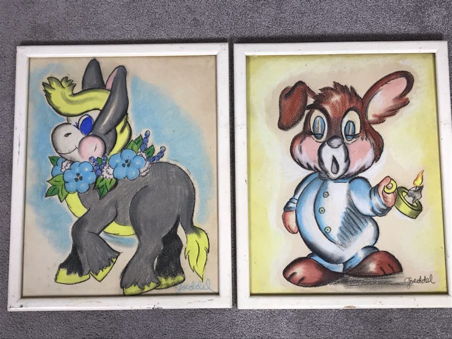 Pair Of Framed Original Signed Animal Caricatures Artwork Signed By Goeddel Each 18 X 22