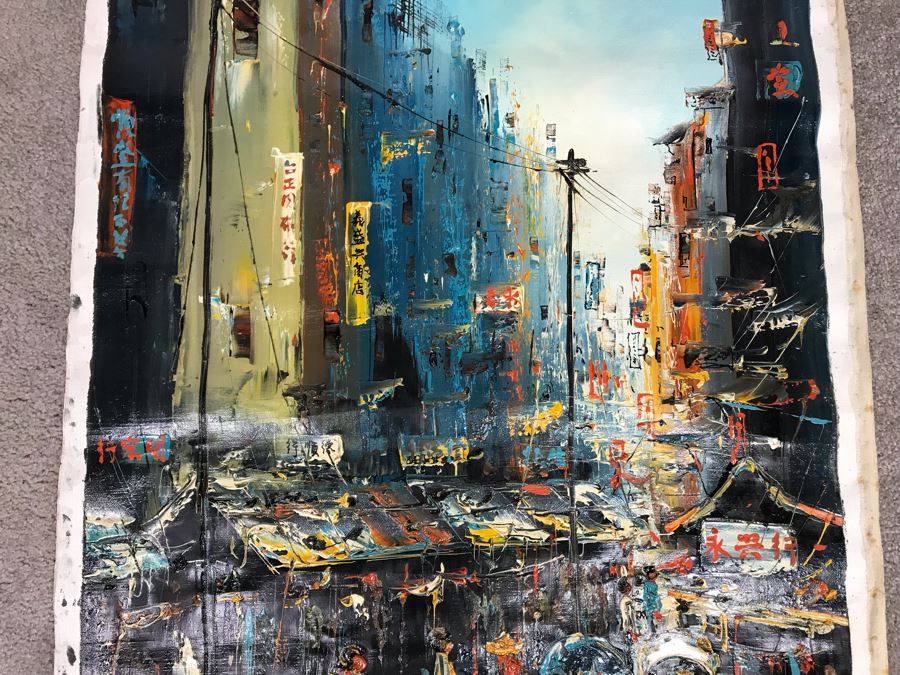 Original Signed Hong Kong Chinese Oil Painting 24 X 29