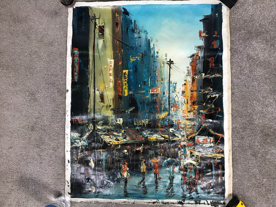 Original Signed Hong Kong Chinese Oil Painting 24 X 29
