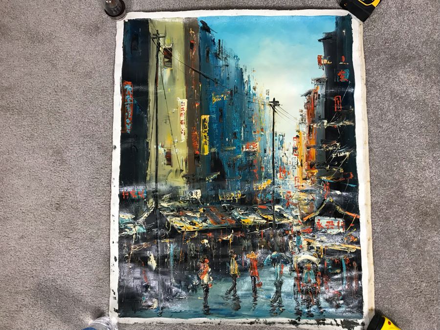 Original Signed Hong Kong Chinese Oil Painting 24 X 29