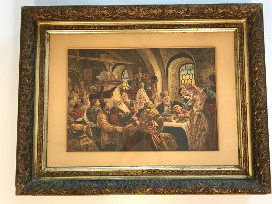 Vintage Konstantin Makovsky 'A Russian Wedding Feast Of The Seventeenth Century' Boyar Wedding Feast Print In Vintage Frame 36 X 28 [Photo 1]