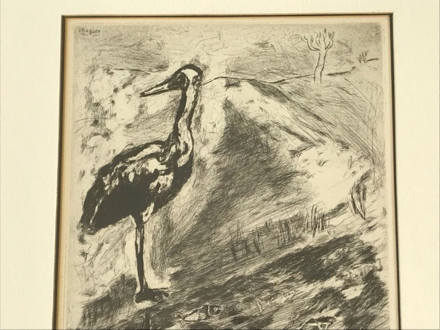 Hand Signed Marc Chagall Original Etching 73 Of 100 'Le Heron From Jean De La Fontaine from Fables of Fontaine 1952' (1887-1985 Known For Abstract Village Peasant Themes) 10 X 13 [Photo 4]