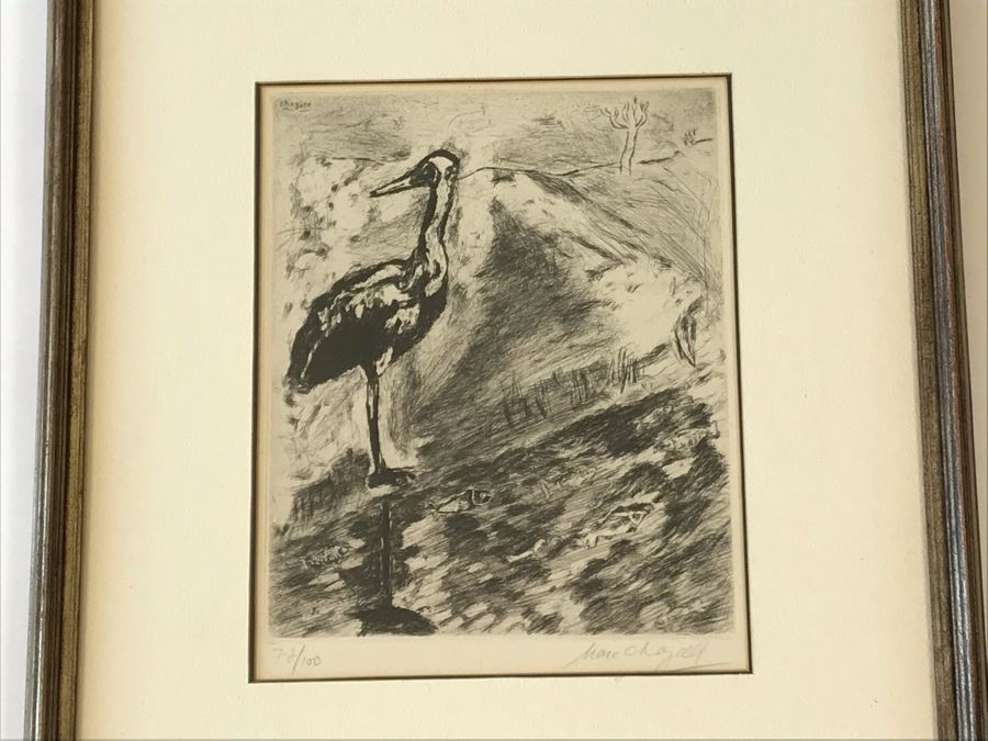 Hand Signed Marc Chagall Original Etching 73 Of 100 'Le Heron From Jean De La Fontaine from Fables of Fontaine 1952' (1887-1985 Known For Abstract Village Peasant Themes) 10 X 13 [Photo 3]