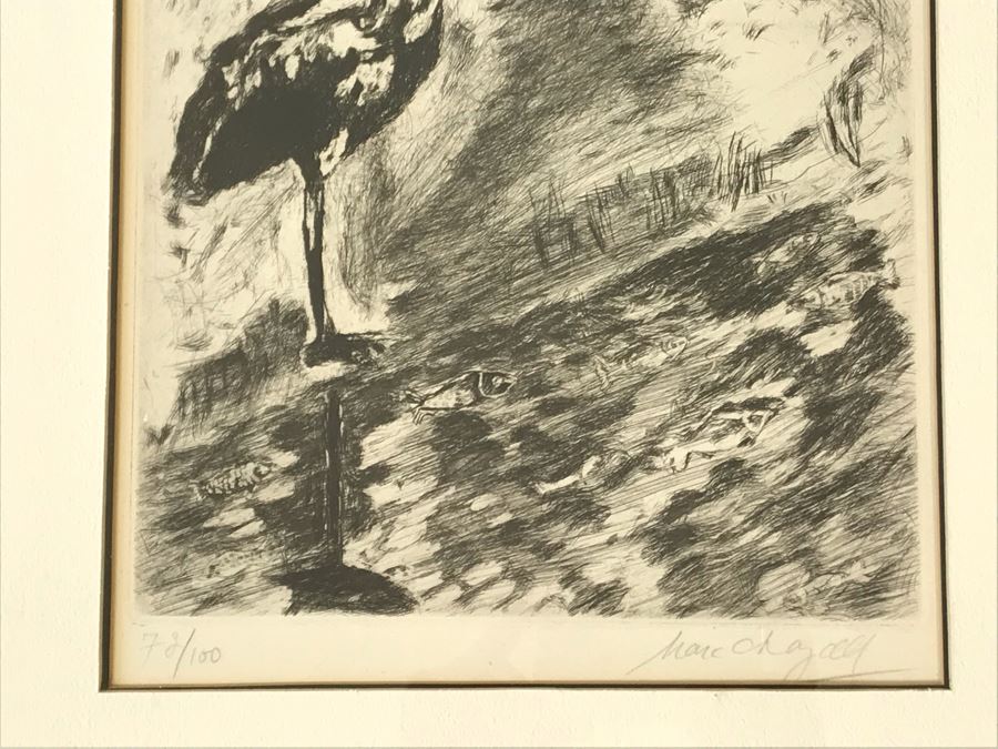 Hand Signed Marc Chagall Original Etching 73 Of 100 'Le Heron From Jean De La Fontaine from Fables of Fontaine 1952' (1887-1985 Known For Abstract Village Peasant Themes) 10 X 13 [Photo 5]