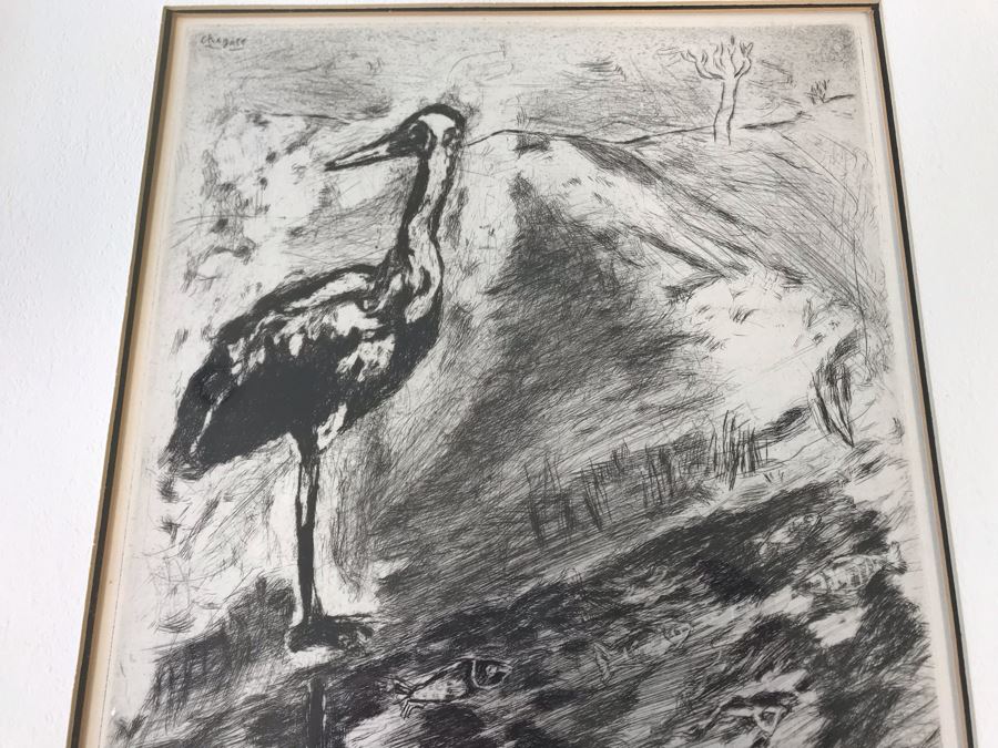 Hand Signed Marc Chagall Original Etching 73 Of 100 'Le Heron From Jean De La Fontaine from Fables of Fontaine 1952' (1887-1985 Known For Abstract Village Peasant Themes) 10 X 13 [Photo 11]