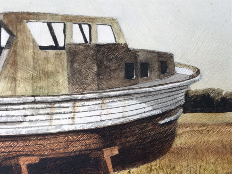 Original Painting On Board Of Wooden Boat In Field Signed Christopher 15 X 13 Frame [Photo 6]