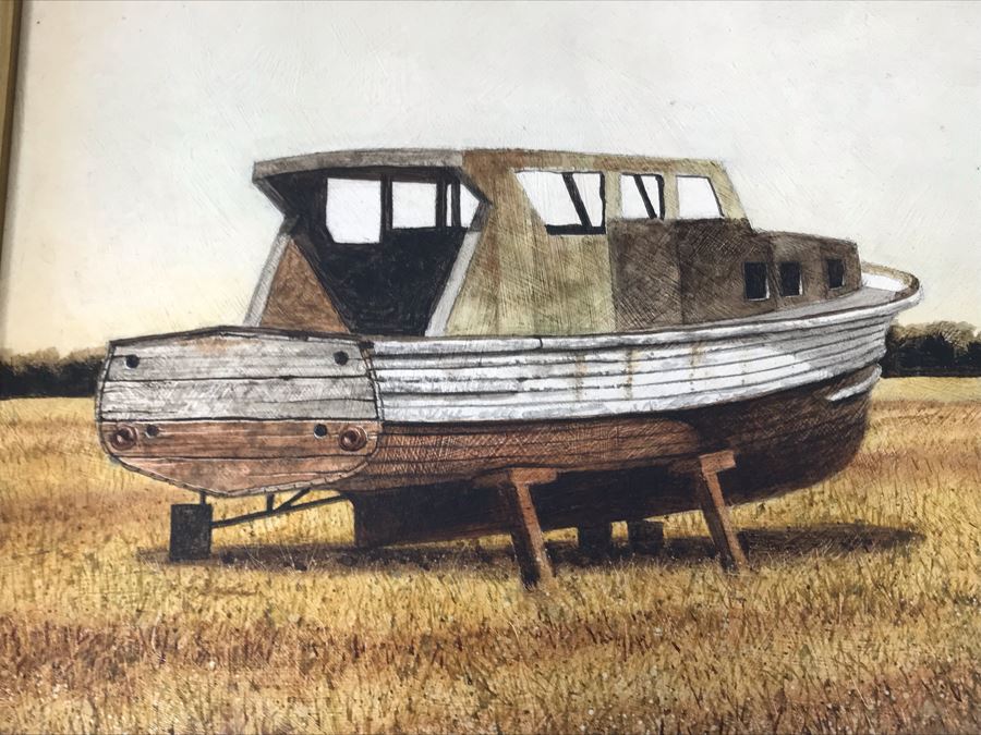 Original Painting On Board Of Wooden Boat In Field Signed Christopher 15 X 13 Frame [Photo 9]