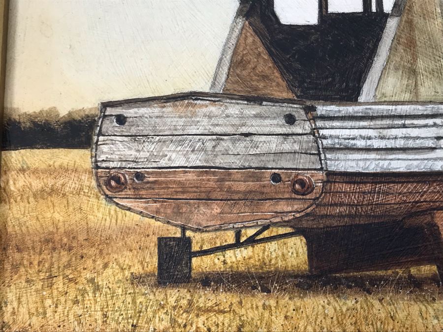 Original Painting On Board Of Wooden Boat In Field Signed Christopher 15 X 13 Frame [Photo 4]