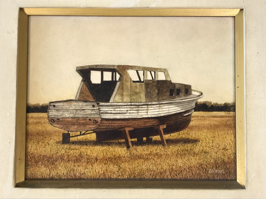 Original Painting On Board Of Wooden Boat In Field Signed Christopher 15 X 13 Frame [Photo 3]