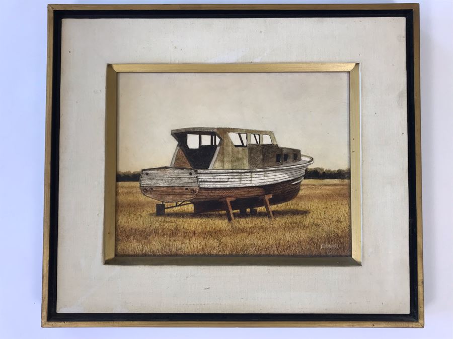 Original Painting On Board Of Wooden Boat In Field Signed Christopher 15 X 13 Frame