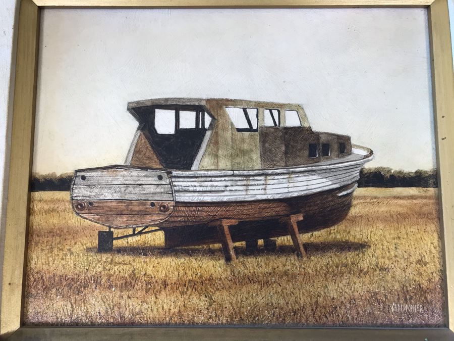 Original Painting On Board Of Wooden Boat In Field Signed Christopher 15 X 13 Frame [Photo 10]