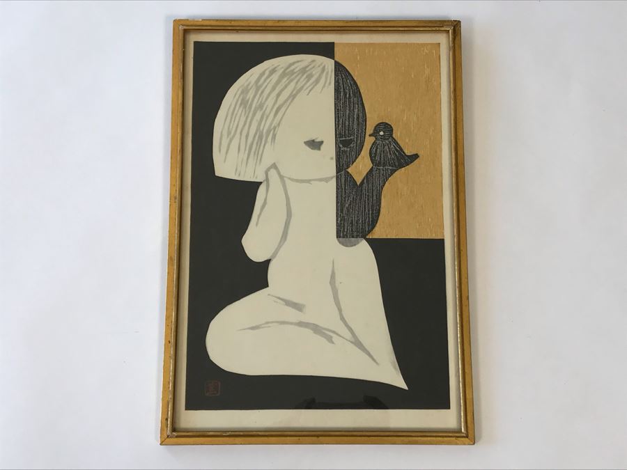 Kaoru Kawano (1916-1965) Japanese Woodblock Print - Japanese Printmaker Showa Period - Girl With Bird In Hand 12 X 17 [Photo 2]