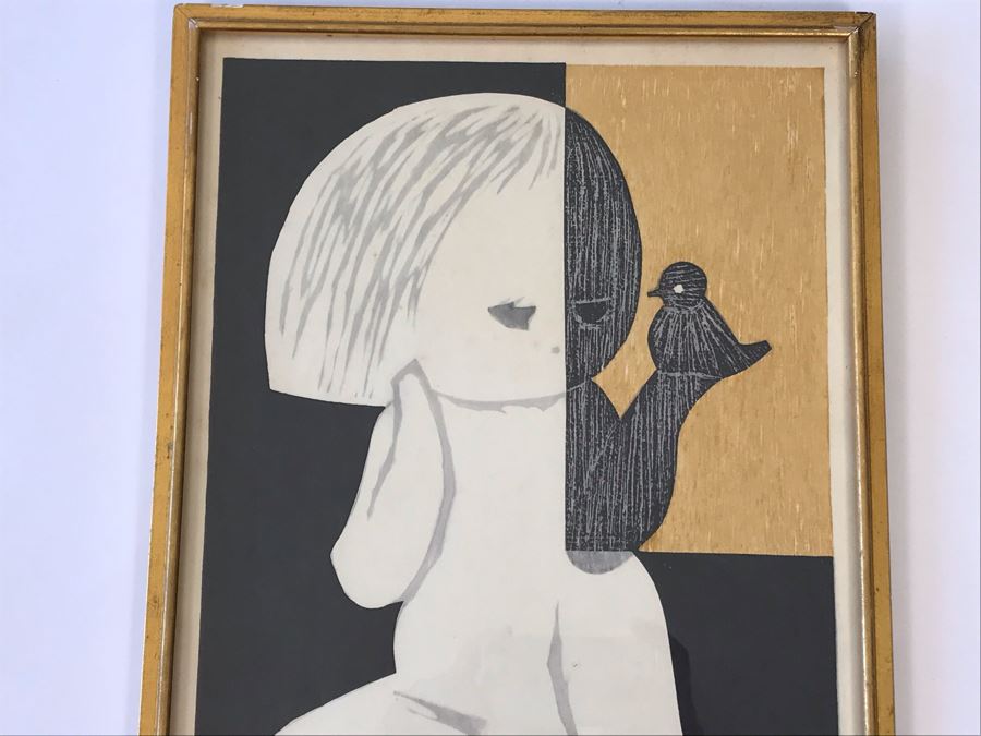Kaoru Kawano (1916-1965) Japanese Woodblock Print - Japanese Printmaker Showa Period - Girl With Bird In Hand 12 X 17 [Photo 3]