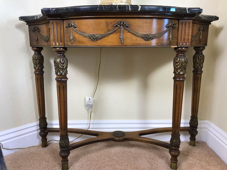 Stunning Antique French Demi-lune Console Table With Drawer And Marble Top 41W X 14D X 30H - FRE [Photo 5]