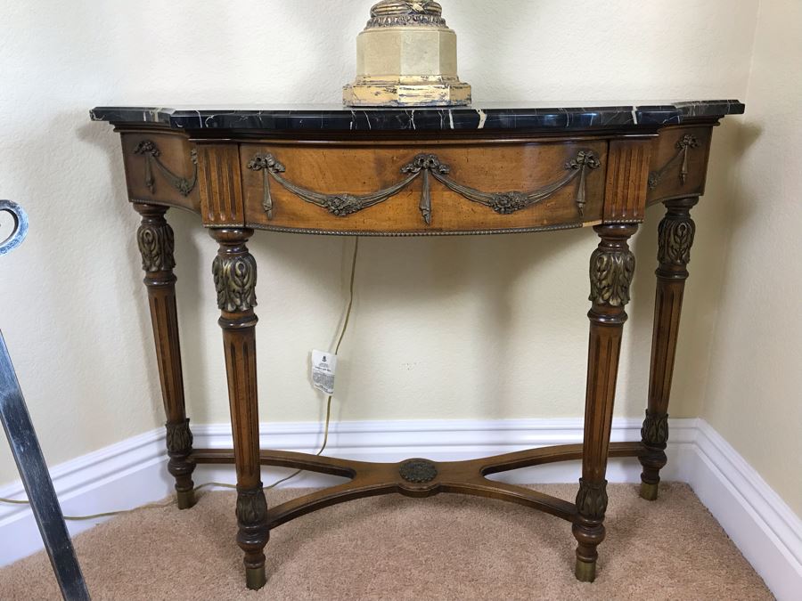 Stunning Antique French Demi-lune Console Table With Drawer And Marble Top 41W X 14D X 30H - FRE [Photo 4]