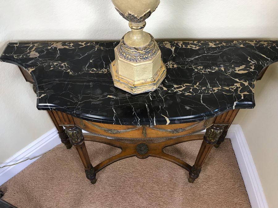 Stunning Antique French Demi-lune Console Table With Drawer And Marble Top 41W X 14D X 30H - FRE [Photo 2]