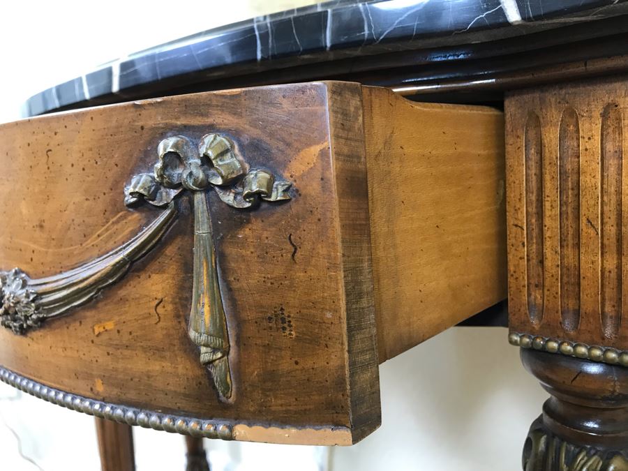 Stunning Antique French Demi-lune Console Table With Drawer And Marble Top 41W X 14D X 30H - FRE [Photo 9]