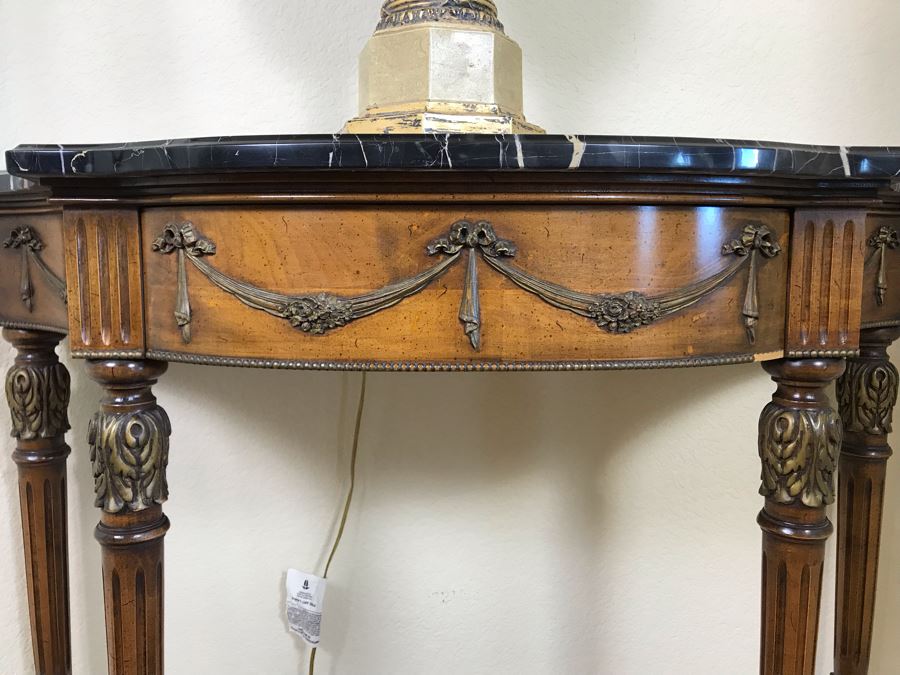 Stunning Antique French Demi-lune Console Table With Drawer And Marble Top 41W X 14D X 30H - FRE [Photo 6]