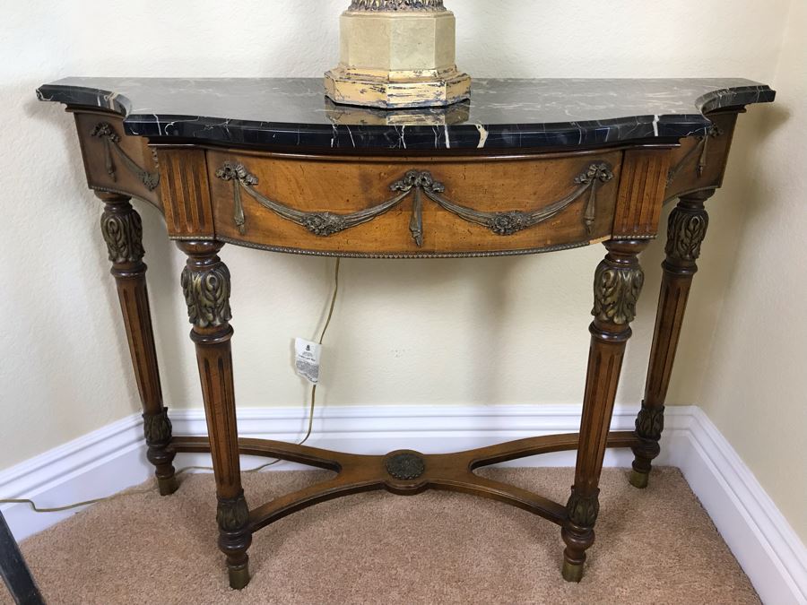 Stunning Antique French Demi-lune Console Table With Drawer And Marble Top 41W X 14D X 30H - FRE
