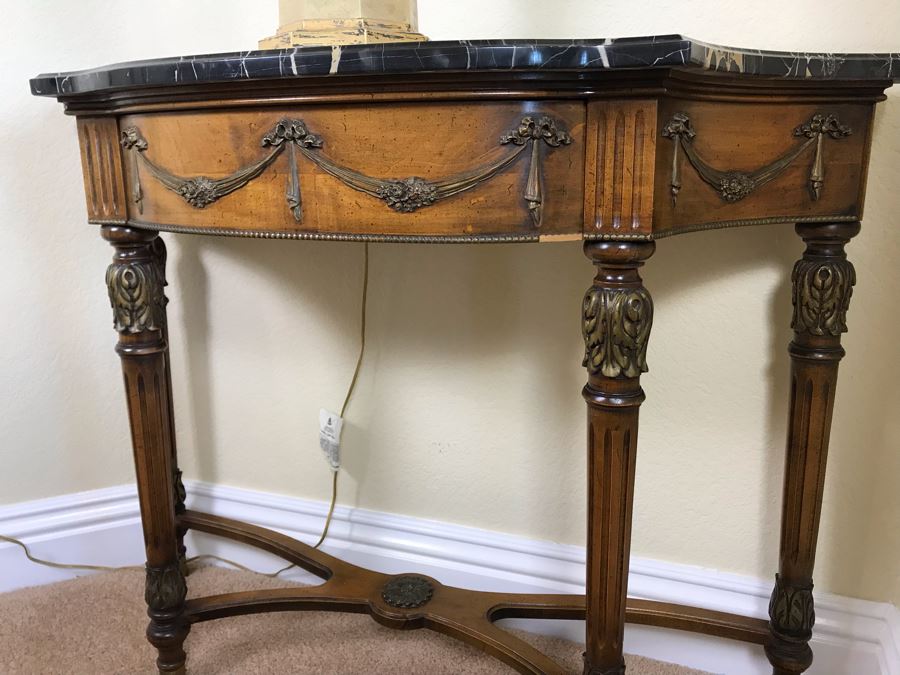 Stunning Antique French Demi-lune Console Table With Drawer And Marble Top 41W X 14D X 30H - FRE [Photo 7]