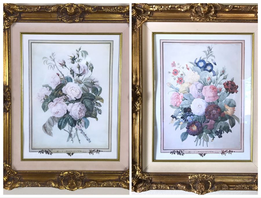 Pair Of Framed Floral Prints In Gold Frames - FRE [Photo 1]