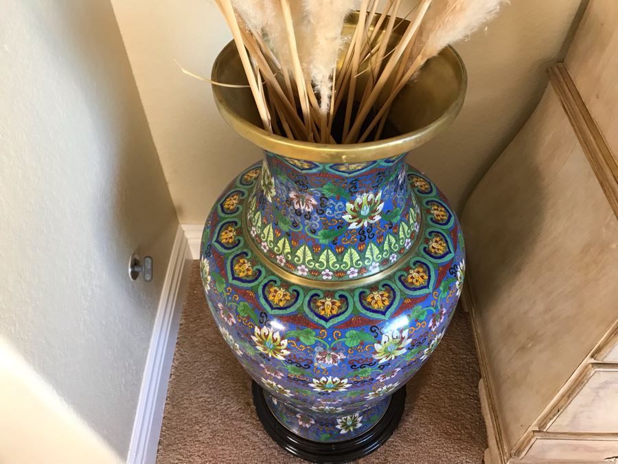 Monumental 34'H Chinese Cloisonne Vase With Wooden Stand - FRE [Photo 11]