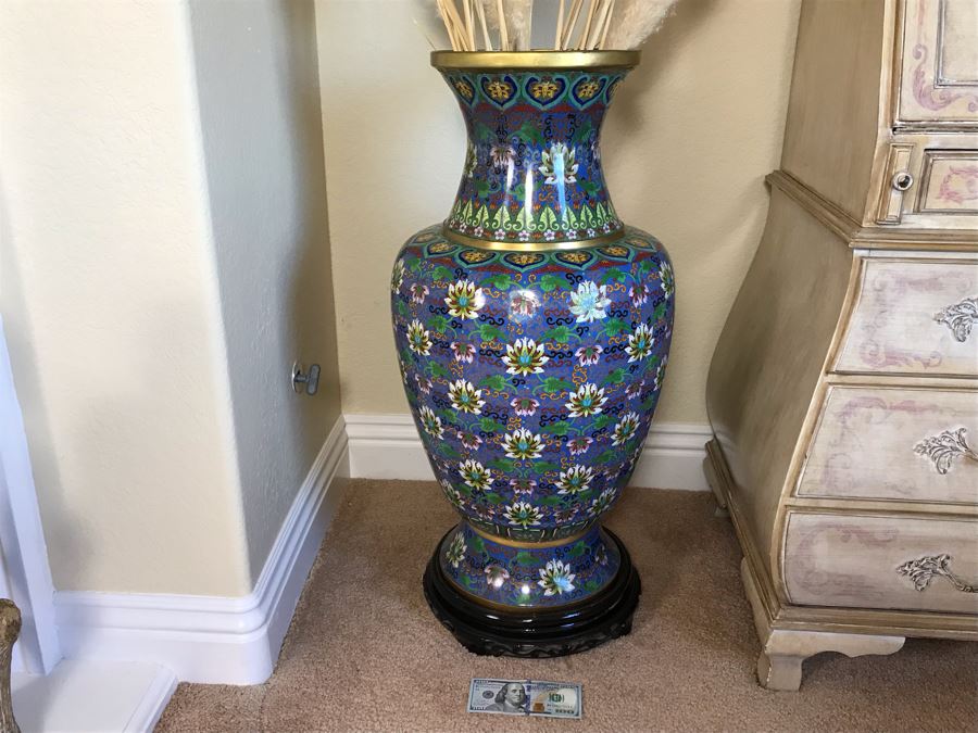 Monumental 34'H Chinese Cloisonne Vase With Wooden Stand - FRE