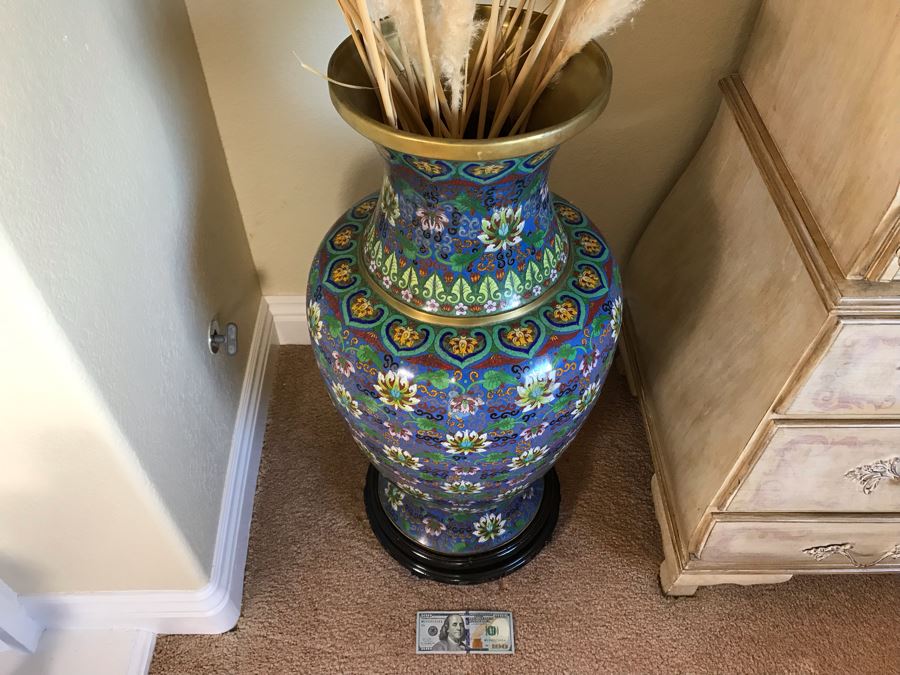 Monumental 34'H Chinese Cloisonne Vase With Wooden Stand - FRE [Photo 4]
