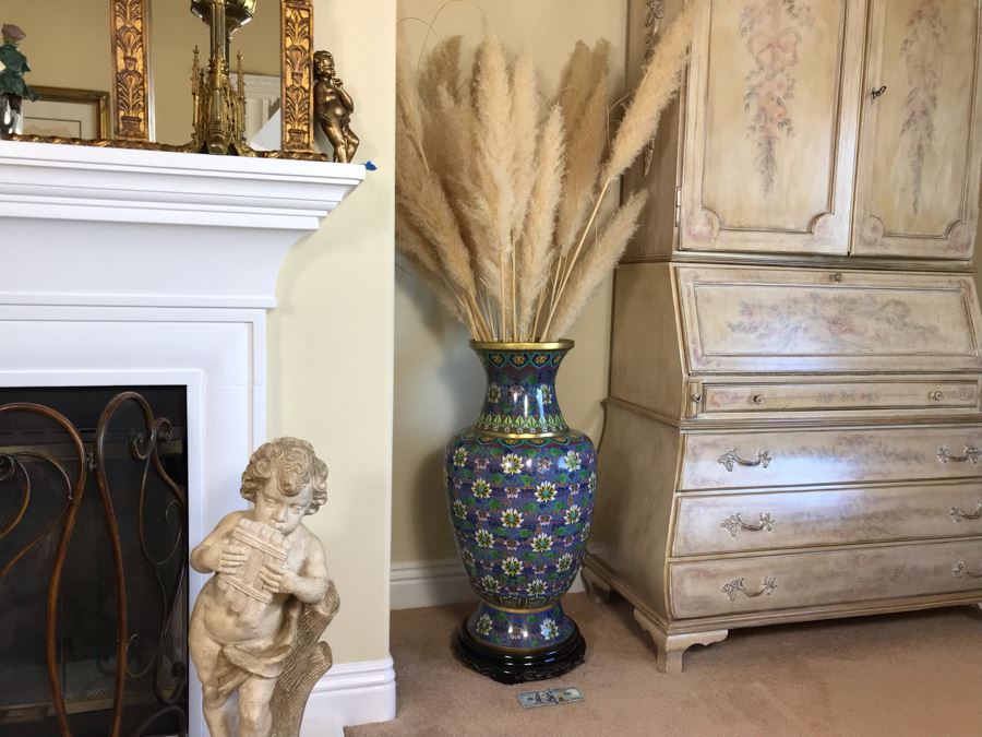 Monumental 34'H Chinese Cloisonne Vase With Wooden Stand - FRE [Photo 12]