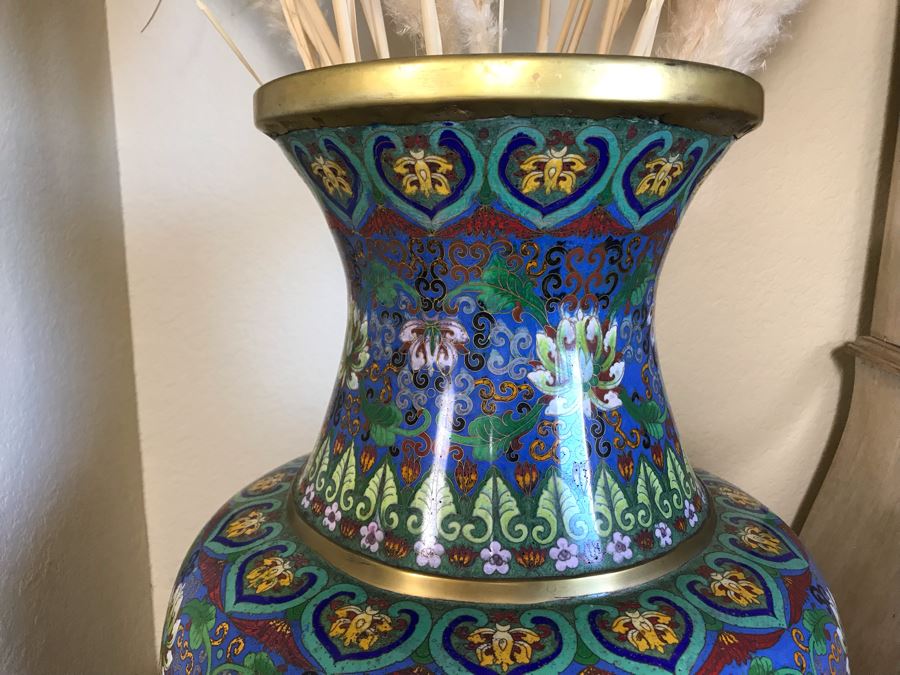 Monumental 34'H Chinese Cloisonne Vase With Wooden Stand - FRE [Photo 9]