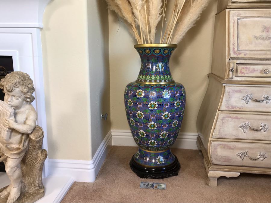 Monumental 34'H Chinese Cloisonne Vase With Wooden Stand - FRE [Photo 3]