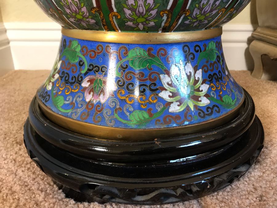 Monumental 34'H Chinese Cloisonne Vase With Wooden Stand - FRE [Photo 6]