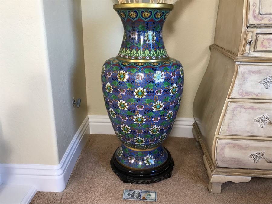 Monumental 34'H Chinese Cloisonne Vase With Wooden Stand - FRE [Photo 2]