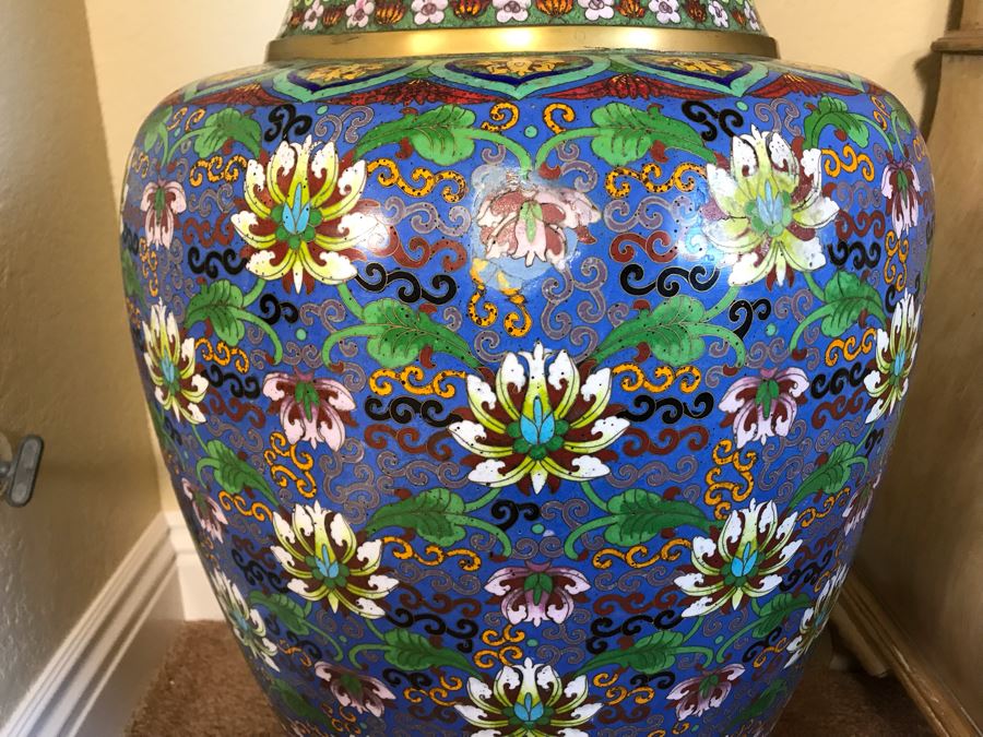 Monumental 34'H Chinese Cloisonne Vase With Wooden Stand - FRE [Photo 8]