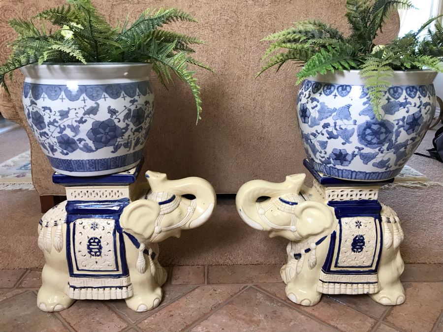 Pair Of Decorative Elephant Plant Stands With Pair Of Blue And White Plant Pots With Faux Ferns - FRE [Photo 3]