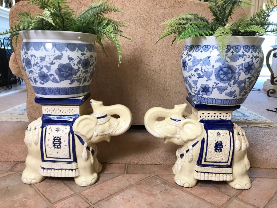 Pair Of Decorative Elephant Plant Stands With Pair Of Blue And White Plant Pots With Faux Ferns - FRE [Photo 4]