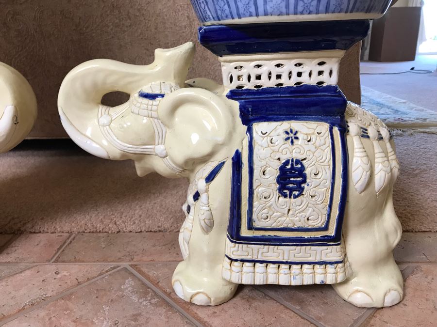 Pair Of Decorative Elephant Plant Stands With Pair Of Blue And White ...