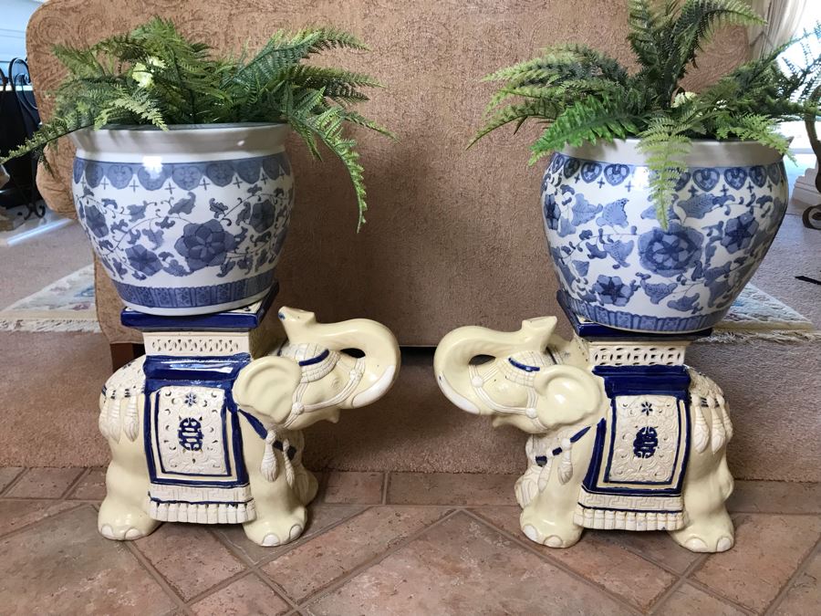 Pair Of Decorative Elephant Plant Stands With Pair Of Blue And White Plant Pots With Faux Ferns - FRE [Photo 5]