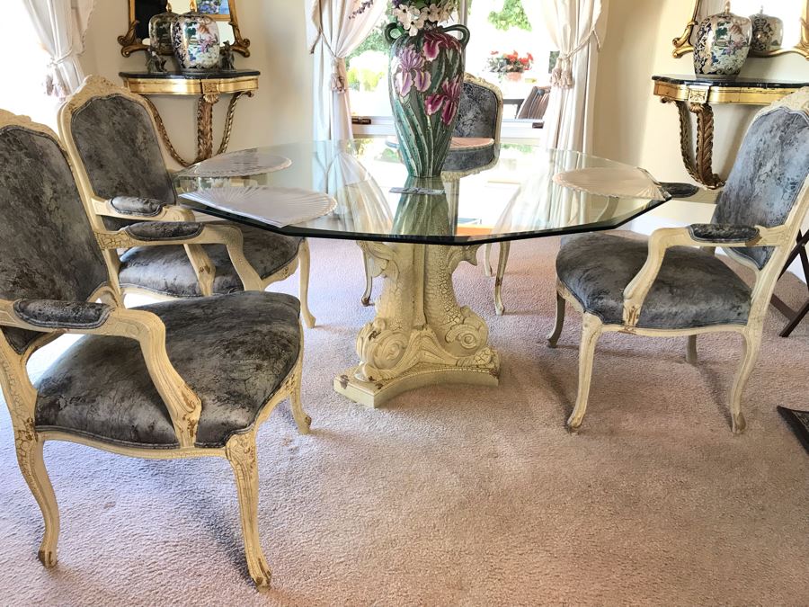 Set Of (4) Elegant Armchairs With Fish Motif Table Base And Beveled Glass Top 59W X 28.5H - FRE [Photo 1]