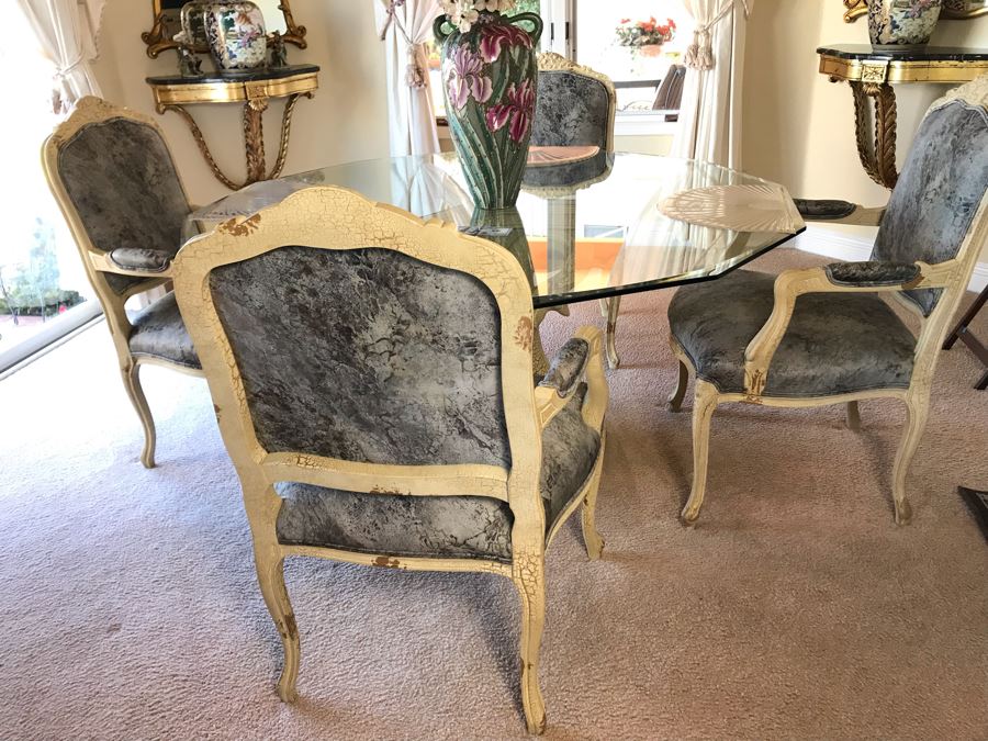 Set Of (4) Elegant Armchairs With Fish Motif Table Base And Beveled Glass Top 59W X 28.5H - FRE [Photo 12]