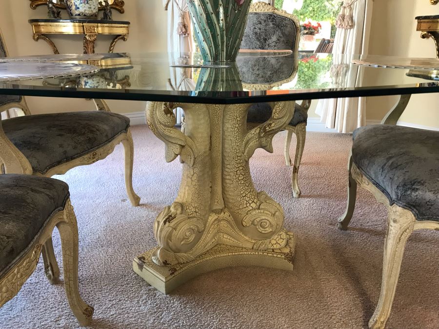 Set Of (4) Elegant Armchairs With Fish Motif Table Base And Beveled Glass Top 59W X 28.5H - FRE [Photo 4]