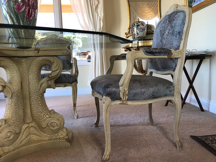 Set Of (4) Elegant Armchairs With Fish Motif Table Base And Beveled Glass Top 59W X 28.5H - FRE [Photo 7]