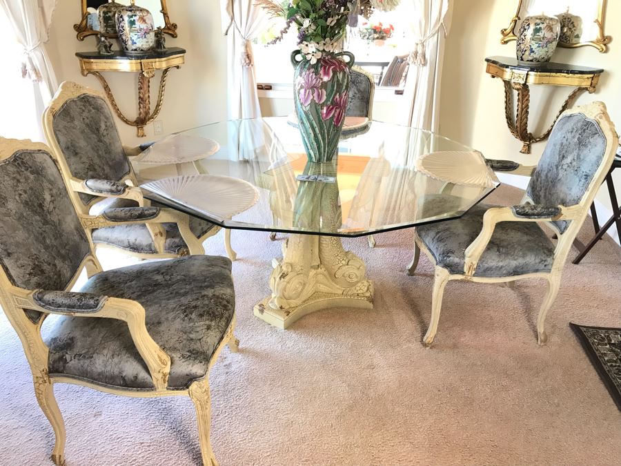 Set Of (4) Elegant Armchairs With Fish Motif Table Base And Beveled Glass Top 59W X 28.5H - FRE [Photo 2]