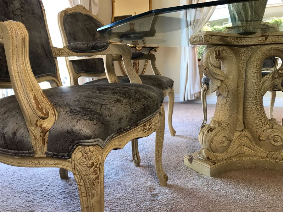 Set Of (4) Elegant Armchairs With Fish Motif Table Base And Beveled Glass Top 59W X 28.5H - FRE [Photo 8]