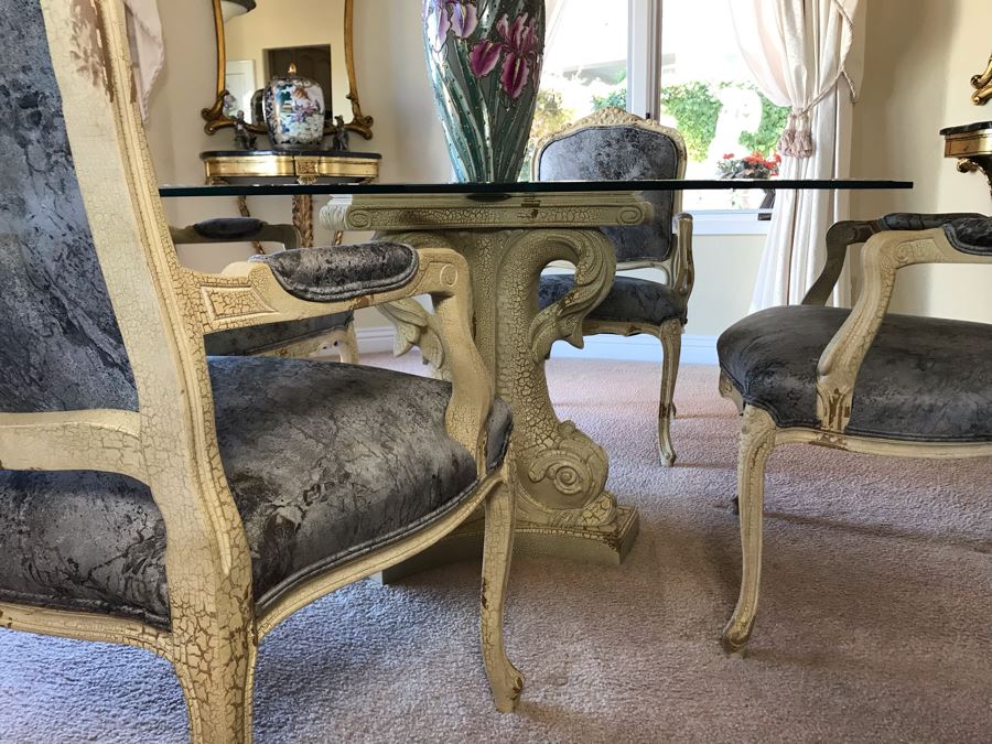 Set Of (4) Elegant Armchairs With Fish Motif Table Base And Beveled Glass Top 59W X 28.5H - FRE [Photo 11]